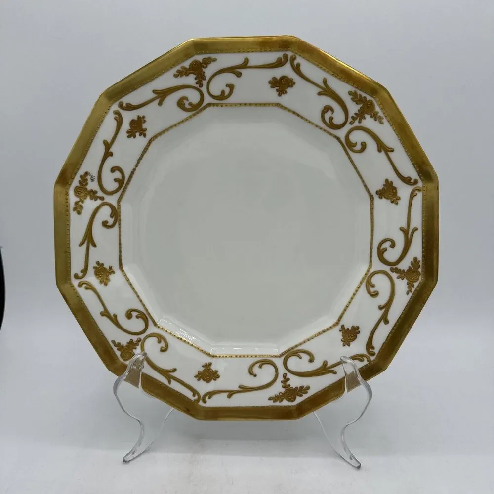 Antique Limoges Plate 9.25” Gold Trim France 12-sided Embossed Scroll - Picture 1 of 14